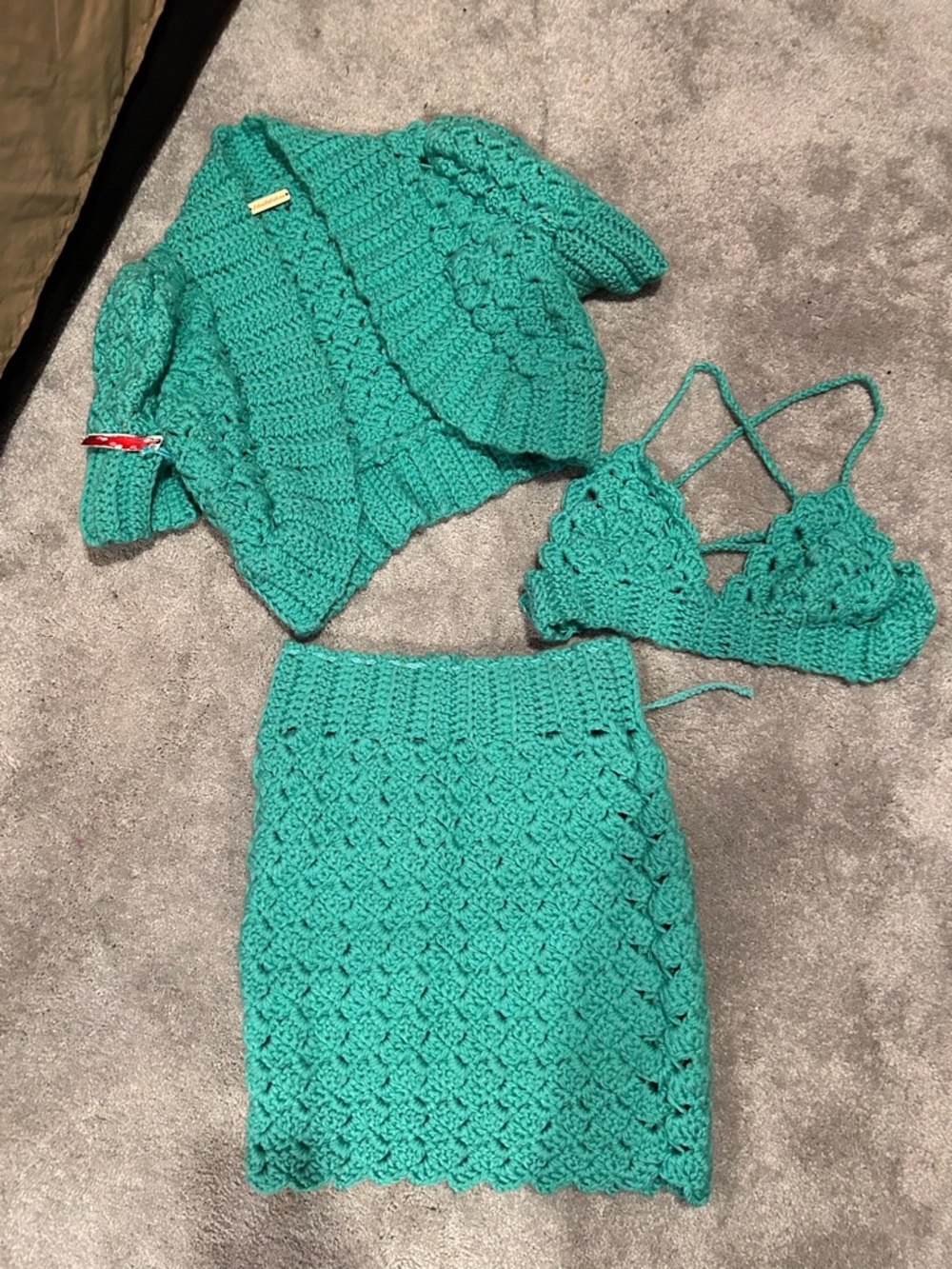 Hand-Crocheted Teal Skirt Set - Crop Top, Cardigan & Skirt
